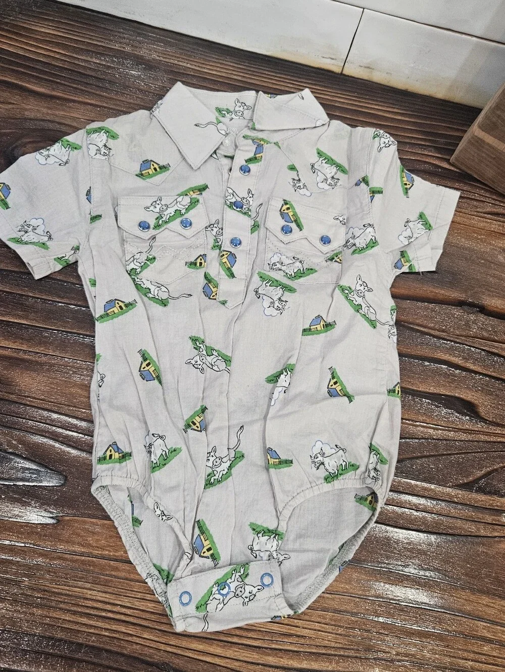Wrangler Toddler 18 Month Button Up Farm Onesie & Shorts Bundle